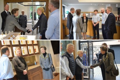 a collage of four photographs of HRH The Princess Royal speaking to staff at The Lakes Distillery