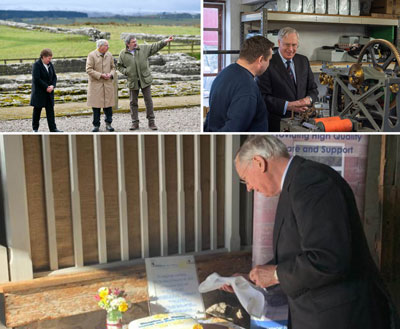 a collage of three photograohs showing the Duke of Gloucester at Birdoswald Roman Fort, Cumbria Clock Company and Hospice at Home
